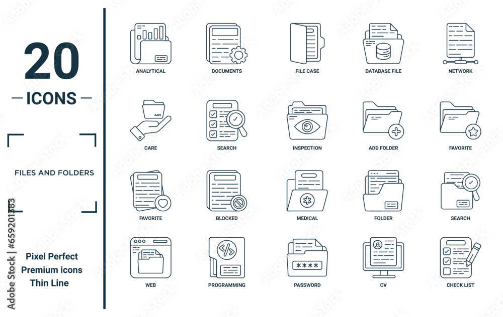 files and folders linear icon set. includes thin line analytical, care ...