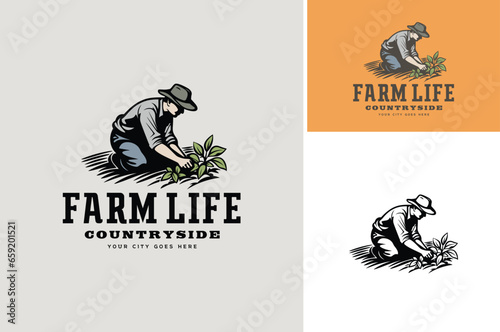 Country Old Man Farmer Harvesting Vegetable Plant. Vintage Soy Farm Land Rural Countryside logo design 