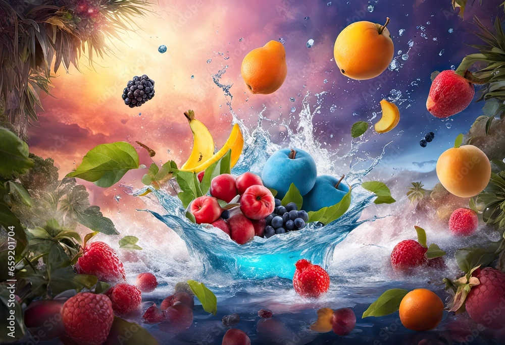 Bright, colorful, delicious fruit splashing nito water - obrazy, fototapety, plakaty 