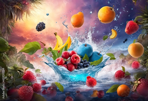 Bright, colorful, delicious fruit splashing nito water