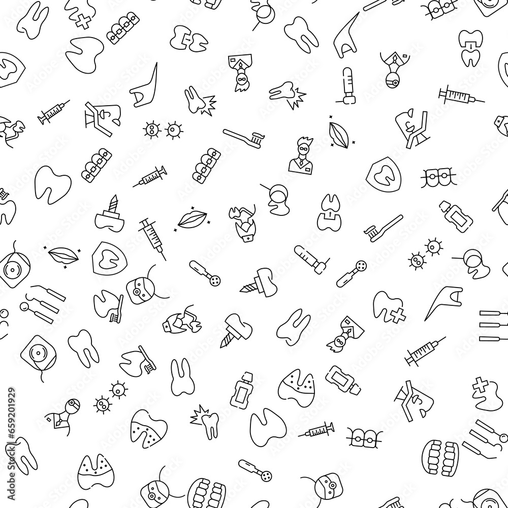 Caries, Doctor, Virus, Dental Instruments Seamless Pattern for printing, wrapping, design, sites, shops, apps