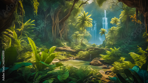 A mysterious jungle with tall trees and tropical leaves, river and waterfall in the middle of jungle
