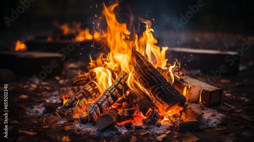 Fire burning in a campfire providing warmth. Generative AI © ProVector