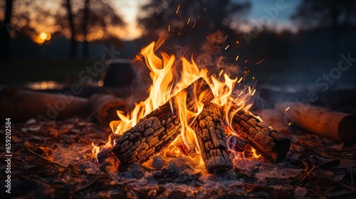 Fire burning in a campfire providing warmth. Generative AI