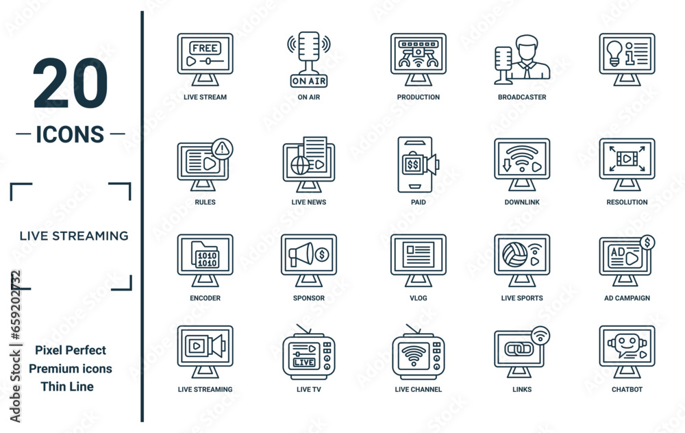 live streaming linear icon set. includes thin line live stream, rules