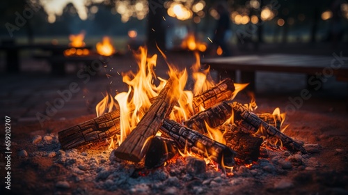 Fire burning in a campfire providing warmth. Generative AI