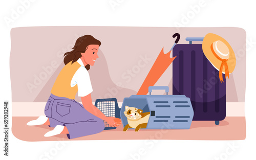 Travel with pet vector illustration. Cartoon womans hands with toy open door of cage with cute cat, kitten sitting inside plastic carrier box near suitcase, umbrella and hat for summer vacation