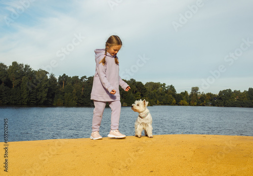 Animal friendship and happy childhood concept. A girl with pigtails plays with a small white dog and smiles happily.