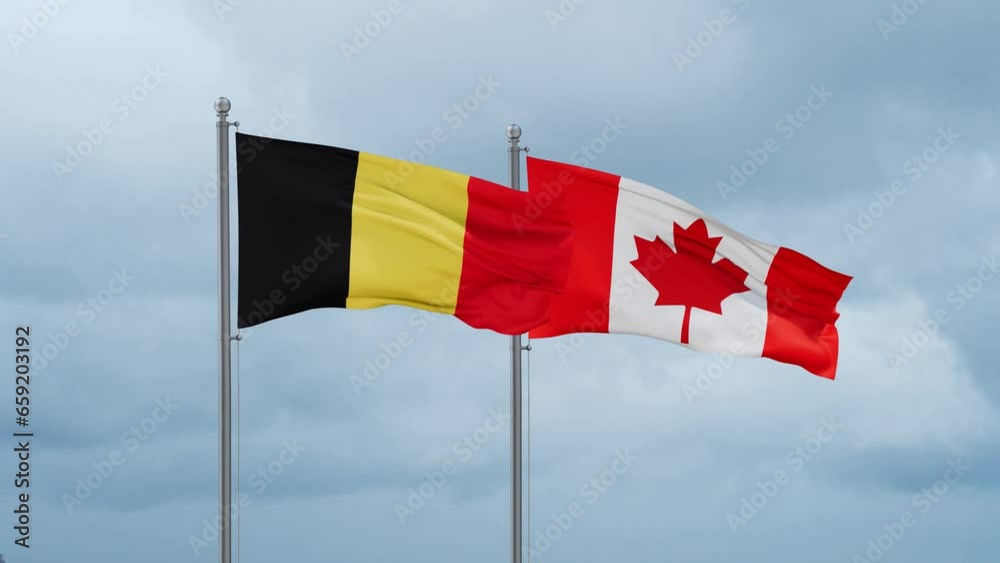 Canada and Belgium flag waving together on cloudy sky, endless seamless loop, two country cooperation concept Canada and Belgium flag waving together on cloudy sky, endless seamless loop, two country cooperation concept