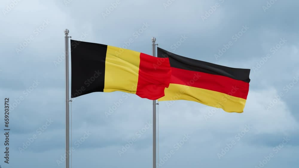 Germany flag and Belgium flag waving together on cloudy sky, endless seamless loop, two country relations concept Germany flag and Belgium flag waving together on cloudy sky, endless seamless loop, two country relations concept