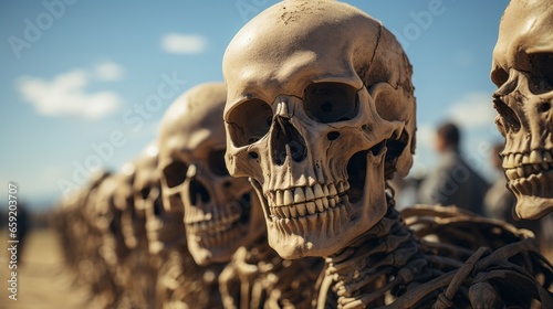 Group of skeletons lined up creating an eerie visual. Generative AI