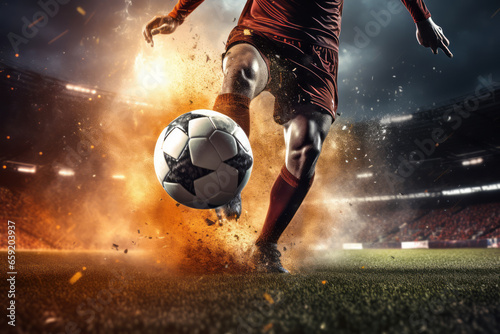 Dramatic soccer performances by players. The passion and effort required for success. Overcoming challenges to achieve goals. The concept of sports, athletes, soccer, determination, and passion. © omune