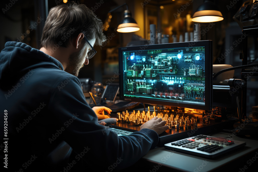 A scientist observing an oscilloscope's display of electrical waveforms, studying the characteristics of signals. Concept of waveform analysis. Generative Ai. A scientist observing an oscilloscope's display of electrical waveforms, studying the characteristics of signals. Concept of waveform analysis. Generative Ai.