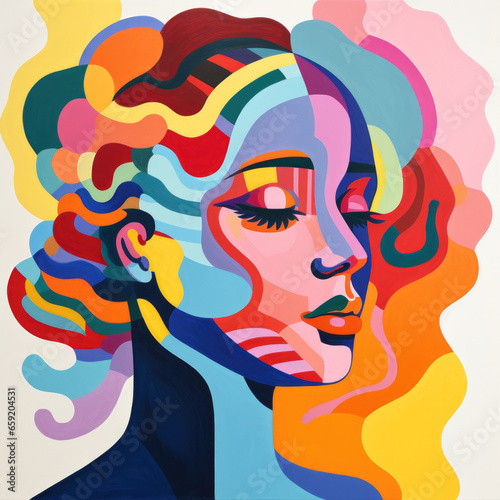 The human experience - full color gouache illustration in bold abstract colours - female face in anguish or thought  mindfulness  meditation  mental state  intellegence