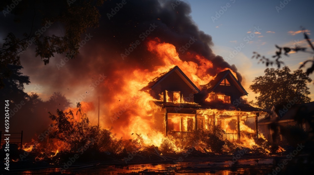 House on fire house fire and flames. Generative AI