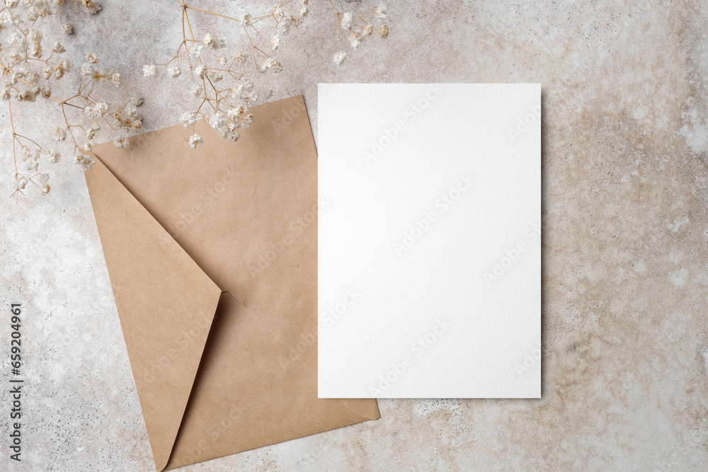 Blank wedding invitation or greeting card mockup, white card mock up with copy space - obrazy, fototapety, plakaty 