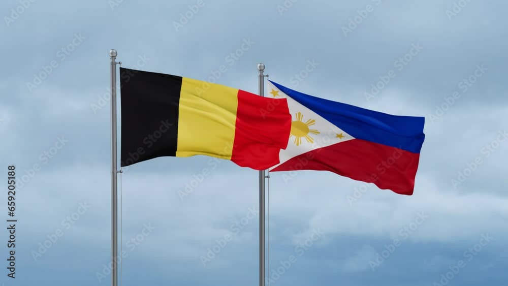 Philippines and Belgium flag waving together on cloudy sky, endless seamless loop, two country cooperation concept Philippines and Belgium flag waving together on cloudy sky, endless seamless loop, two country cooperation concept