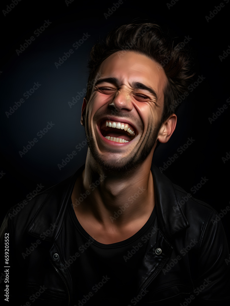 portrait of a man laughing, black background portrait of a man laughing, black background