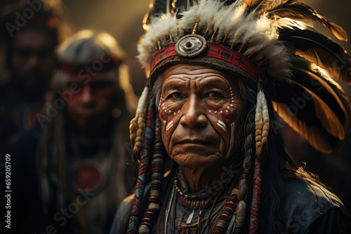A Native American powwow with dancers in traditional regalia, celebrating the spirituality and culture of indigenous peoples. Concept of ancestral traditions. Generative Ai.