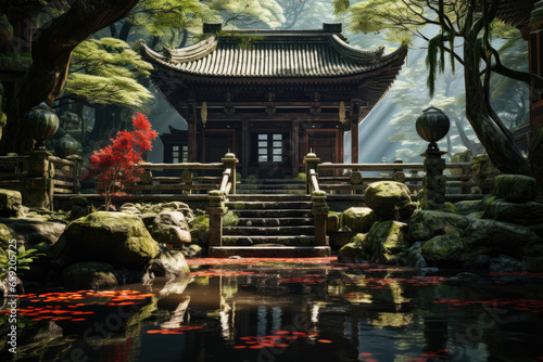 A Shinto shrine nestled in a serene forest, honoring the kami spirits and nature in Japanese spirituality. Concept of reverence for nature. Generative Ai.
