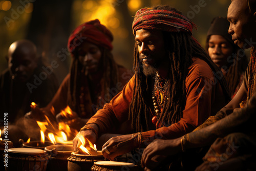 A Rastafarian drum circle, celebrating the spiritual connection to Jah and the rhythms of life. Concept of musical spirituality. Generative Ai.