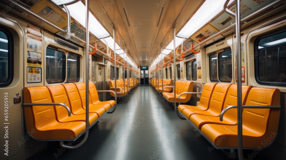 Interior of a subway car with seats. Generative AI - obrazy, fototapety, plakaty 