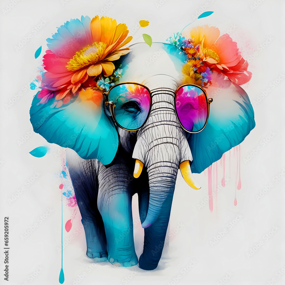 Φωτογραφία A close-up portrait of a fashionable-looking multicolored colorful fantasy cute stylish Elephant wearing sunglasses