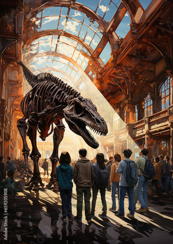 Generative AI  children  schoolchildren on an excursion to the prehistoric museum of paleontology looking at dinosaur skeletons  fossils  ancient lizards  education  architecture  boys  girls