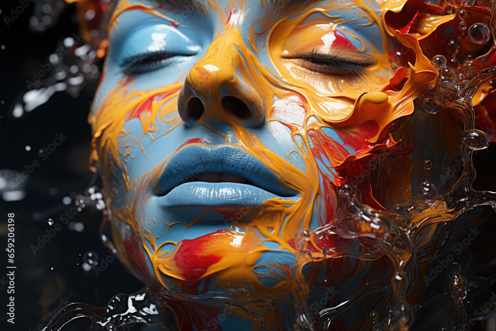 A surreal painting of a person's face melting into a pool of vibrant colors, representing the dissolution of self into the world of art. Concept of artistic transformation. Generative Ai. A surreal painting of a person's face melting into a pool of vibrant colors, representing the dissolution of self into the world of art. Concept of artistic transformation. Generative Ai.