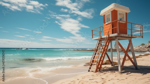 Lifeguard tower on the beach. Generative AI © ProVector