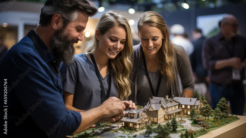 Fototapeta premium Real Estate Agent Discussing with a Young Adult Couple A New Housing Development Model on the Table In Front of Them. Generative AI.