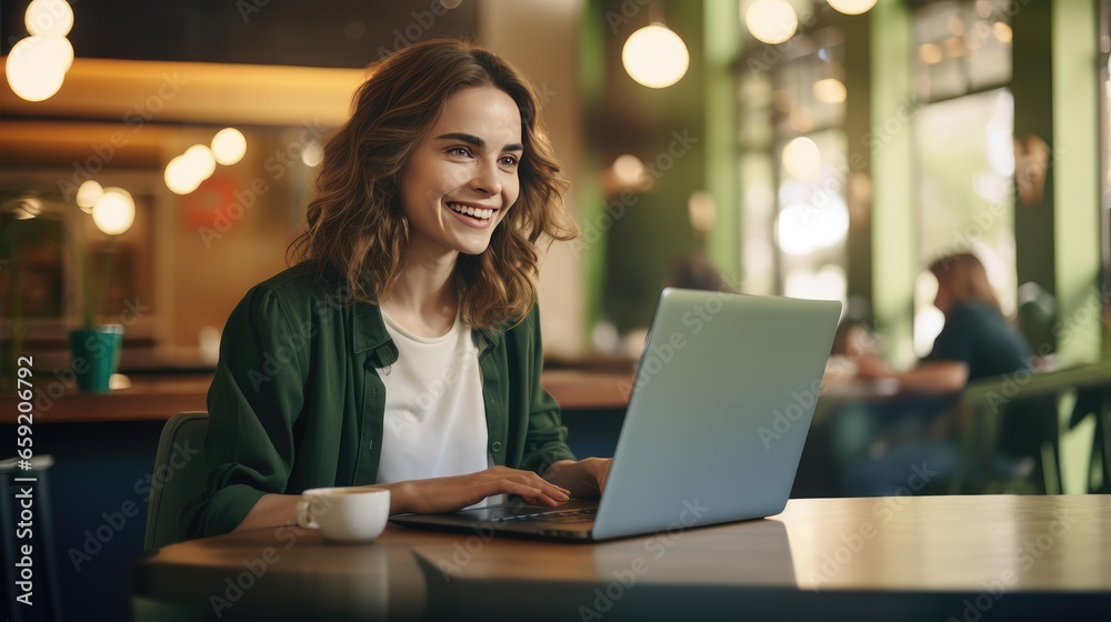 Smart business woman working with a computer in a cafe. freelancing, remote work. Smart business woman working with a computer in a cafe. freelancing, remote work.