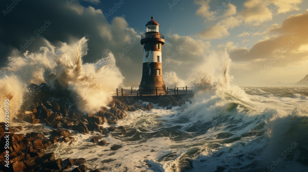 Lighthouse being engulfed by ocean waves portraying. Generative AI