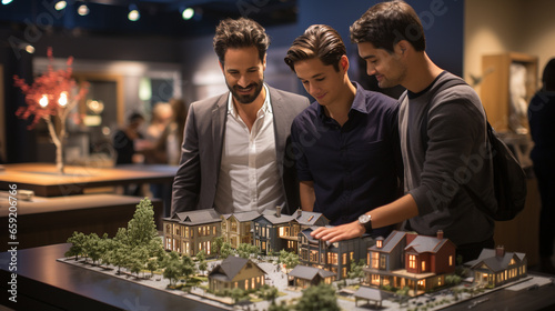 Real Estate Agent Discussing with a Male Gay Couple A New Housing Development Model on the Table In Front of Them. Generative AI.