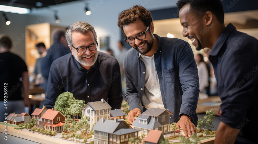 Real Estate Agent Discussing with a Male Gay Couple A New Housing Development Model on the Table In Front of Them. Generative AI. - obrazy, fototapety, plakaty 