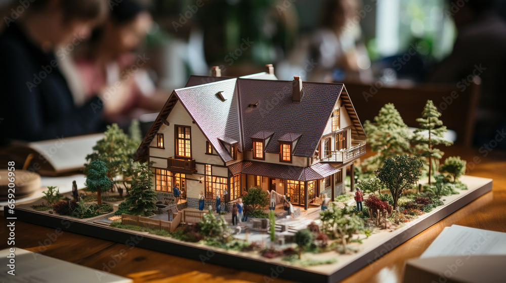 Small Scale Model of a Contemporary House Design On the Table In A Real Estate Office. Generative AI. Small Scale Model of a Contemporary House Design On the Table In A Real Estate Office. Generative AI.