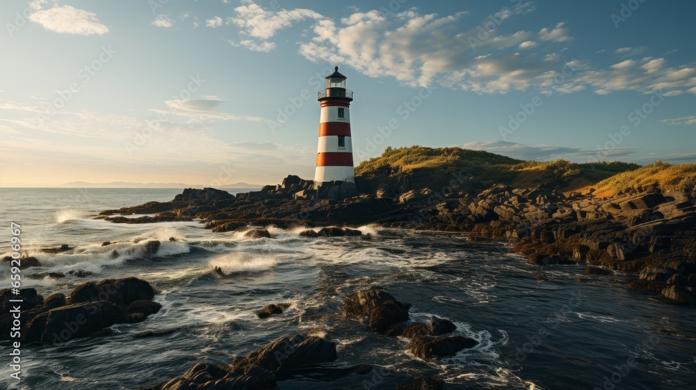 Lighthouse in the middle of a body of water. Generative AI