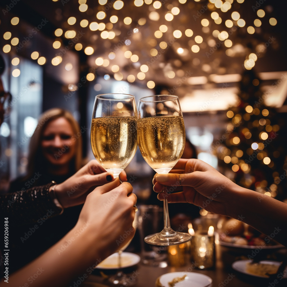 Selective focus at champagne glass in hands, cheer and toast, blur and defocus background of interior bar vibe with golden bokeh.
