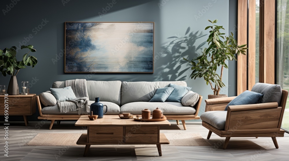 Fototapeta premium Living room design capturing modern aesthetics. Generative AI
