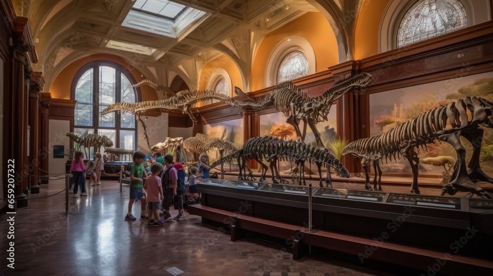 Obraz premium Generative AI, children, schoolchildren on an excursion to the prehistoric museum of paleontology looking at dinosaur skeletons, fossils, ancient lizards, education, architecture, boys, girls