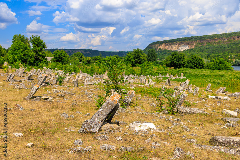 Abandoned Jewish cemetery in the village of Vadul-Rashkov Moldova. Background with selective focus