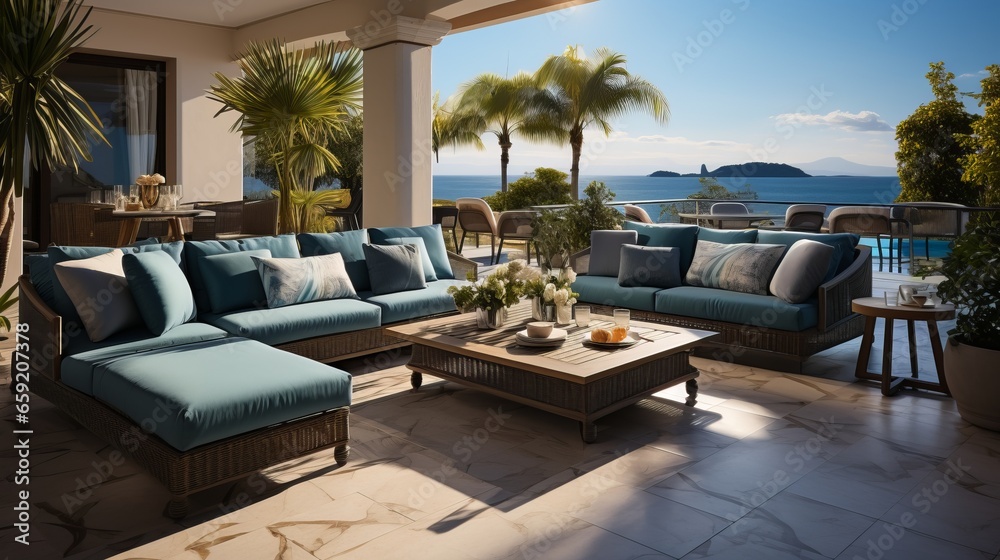 Fototapeta premium Luxury house hotel patio with a terrace and sea view. Generative AI
