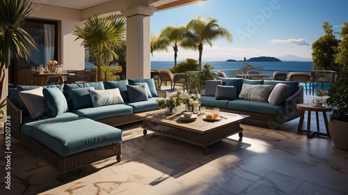 Luxury house hotel patio with a terrace and sea view. Generative AI © ProVector
