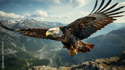 Majestic eagle soaring high above rugged mountains. Generative AI © ProVector