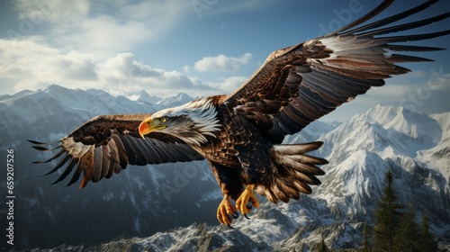Majestic eagle soaring high above rugged mountains. Generative AI