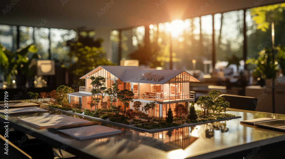 Small Scale Model of a Contemporary House Design On the Table In A Real Estate Office. Generative AI. Small Scale Model of a Contemporary House Design On the Table In A Real Estate Office. Generative AI.