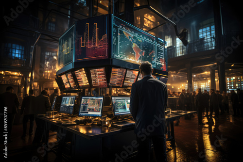 A stock market trading floor with traders reacting to global market fluctuations, illustrating the impact of international financial markets on businesses. Generative Ai.
