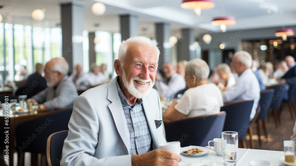A cheerful elderly man enjoying his meal.