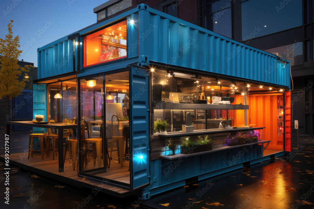 A shipping container transformed into a mobile pop-up shop for a local artisan to showcase their products on a global scale. Concept of global market access. Generative Ai.