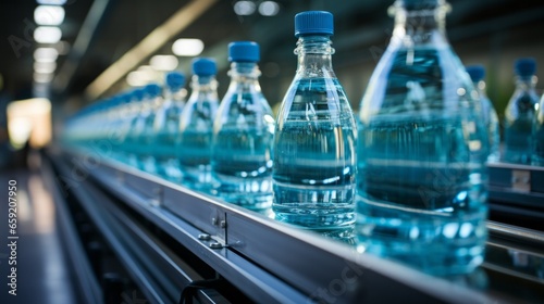 Many bottles of water are lined up on a conveyor belt. Generative AI
